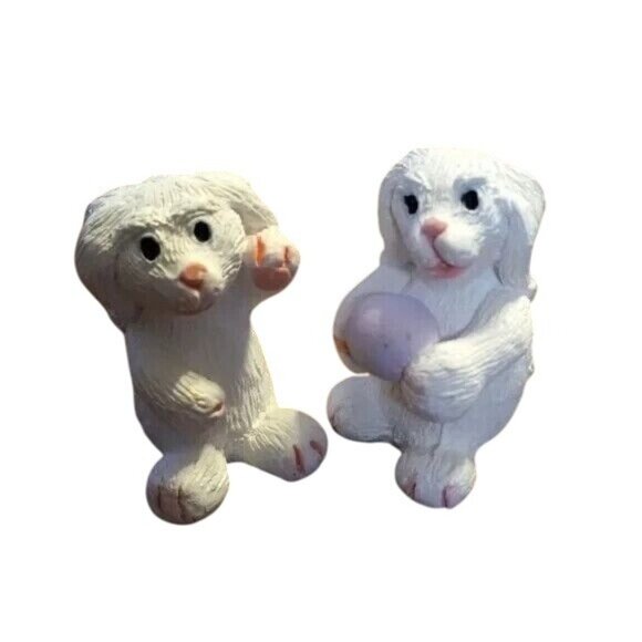 Easter Rabbit Set Of 4 White Resin Bunny Figurines Pink Green Accents Miniature - Picture 8 of 11